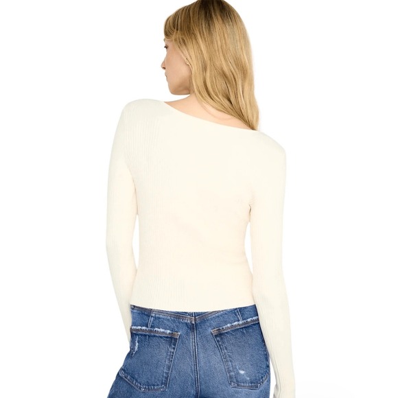 Good American Two-Way Zip Ribbed Knit Top Cream Off-White Long Sleeve XL - Picture 2 of 4